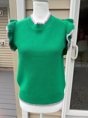 Boden green Knit Ruffle Sleeve Sweater with Pink Trim